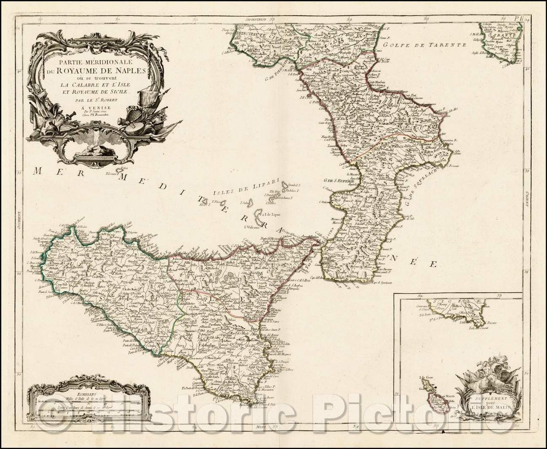 Historic Map - Partie Meridionale du Royaume De Naples ou se trouvent La C/Map of Sicily, Naples, with a large inset of Malta, published in Venice, 1779 - Vintage Wall Art