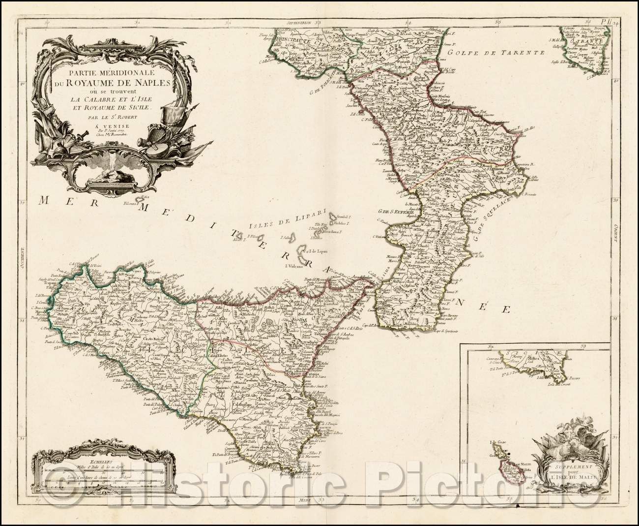 Historic Map - Partie Meridionale du Royaume De Naples ou se trouvent La C/Map of Sicily, Naples, with a large inset of Malta, published in Venice, 1779 - Vintage Wall Art