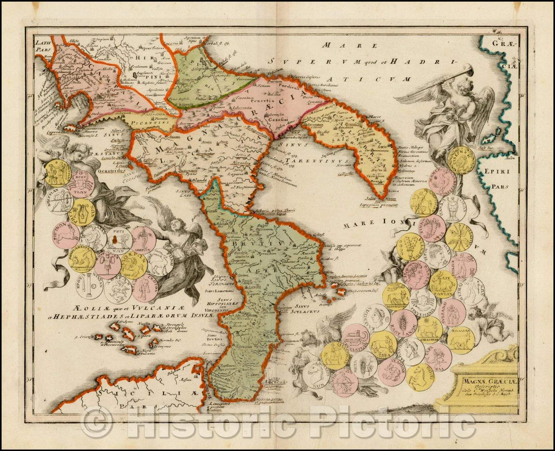 Historic Map - Magnae Graeciae Descriptio (Southern Italy under Greek Control) / Map of Southern Italy,north to Campania and Apulia, 1718 - Vintage Wall Art