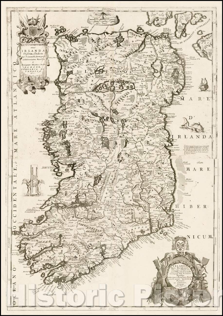 Historic Map - Parte Settenrionale Dell Irlanda/Coronelli's 2 sheet Map of Ireland, 1690, Vincenzo Maria Coronelli - Vintage Wall Art