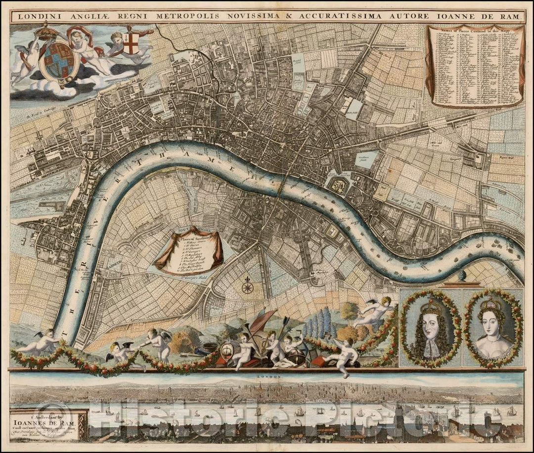 Historic Map - Londini Angliae Regni Metropolis Delineatio Novissima/Plan of London and environs, 1689, Johannes De Ram - Vintage Wall Art