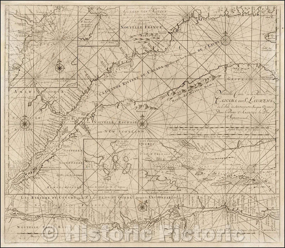 Historic Map - Nouvelle Carte de la Riviere de Canada ou St. Laurens de l'Ile de Anticoste jusqua Quebec. Dans la Partie d'Amerique la Plus Septentrionale, 1745 - Vintage Wall Art