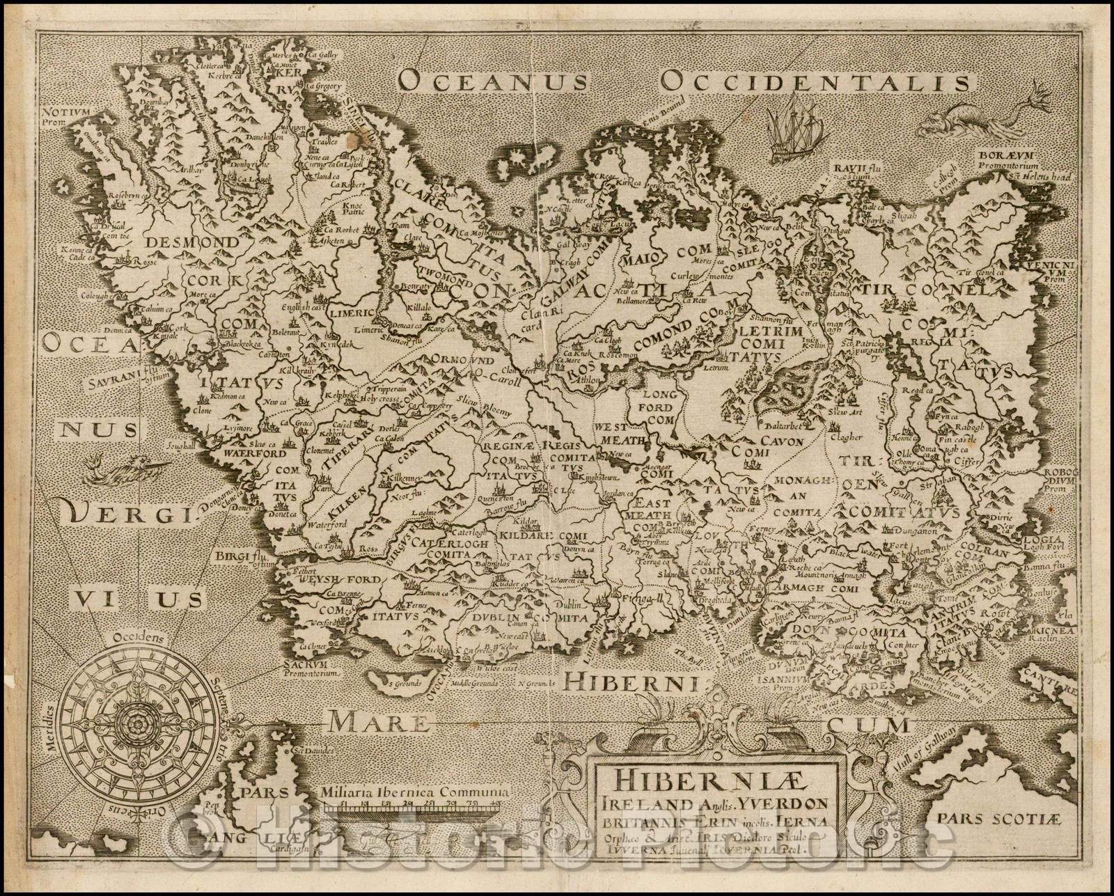 Historic Map - Hiberniae Ireland Anglis Yverdon Britannis Erin incolis Ierna, 1607, William Hole v2