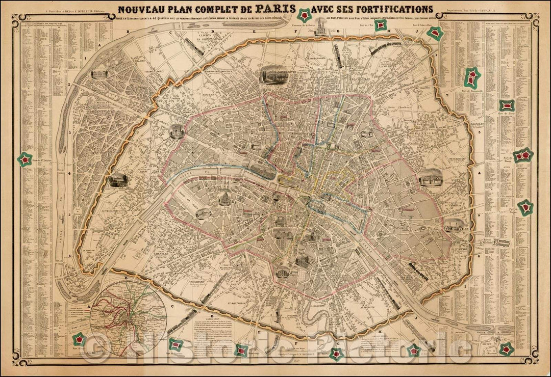 Historic Map - Nouveau Plan Complet de Paris Avec Ses Fortifications Divise en 12 Arrondissements & 48 Quartiers :: Paris, major monuments around the city, 1850 - Vintage Wall Art