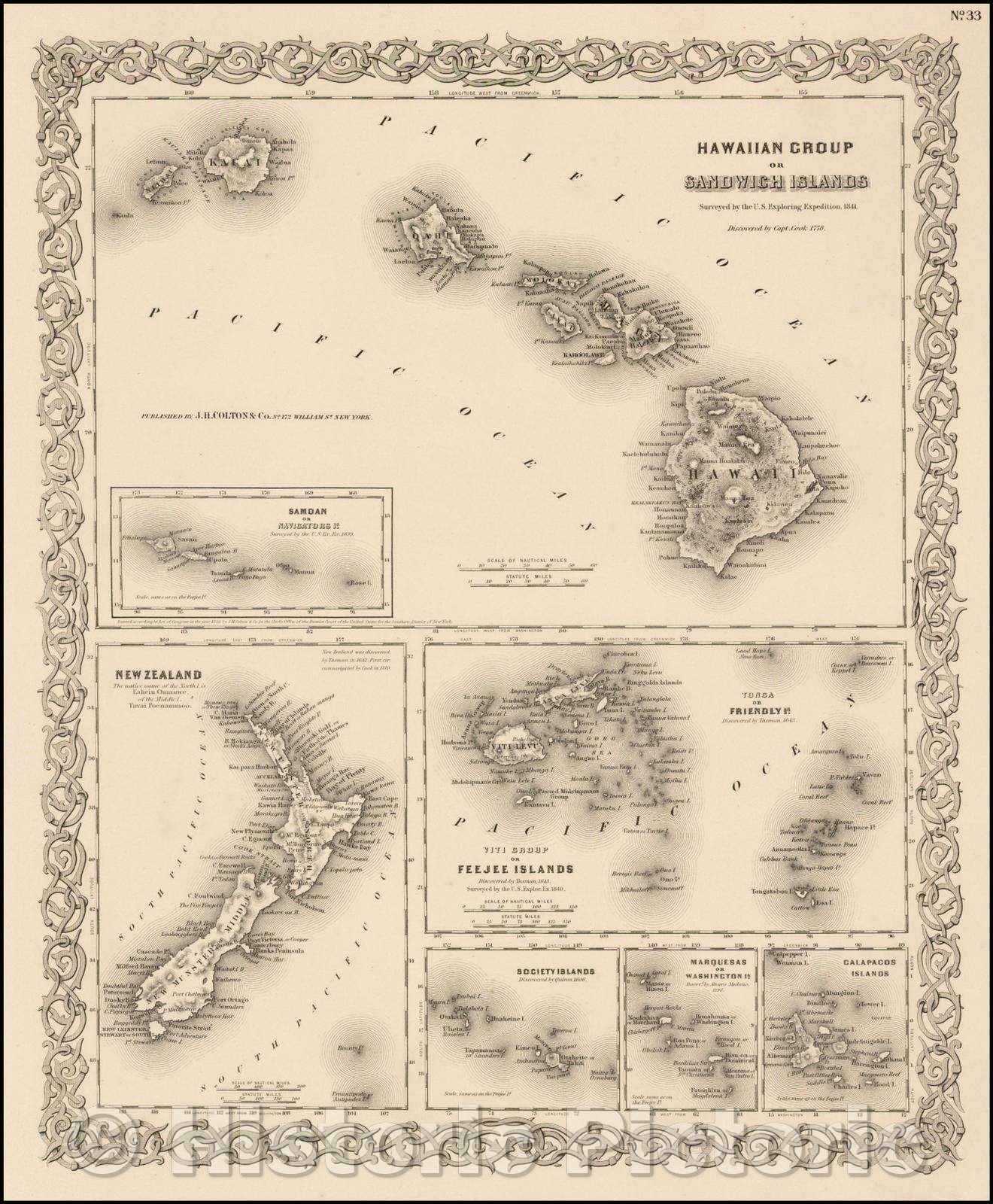 Historic Map - Hawaiian Group or Sandwich Islands [with] New Zealand [and] Feejee Group, Society Island, Marquesas and Galapagos Islands, 1855 v3