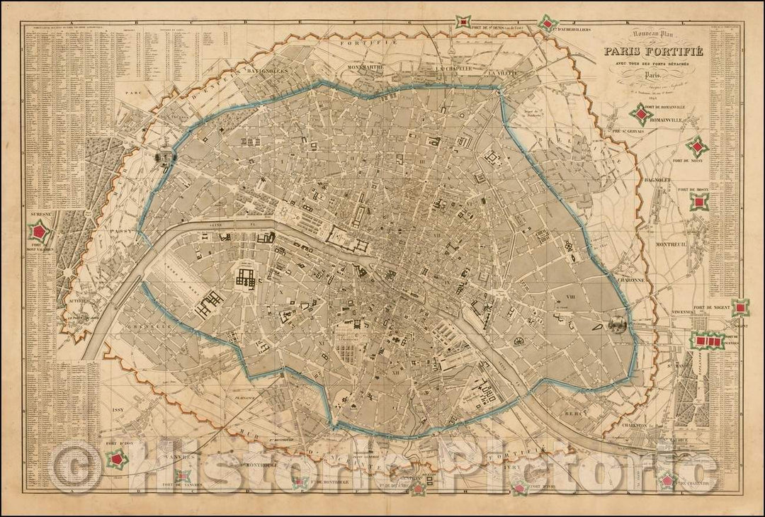 Historic Map - Nouveau Plan de Paris Fortifie Avec Tous Ses POrtes Detaches 1848/New Paris map Strengthens With all its doors detached. 1848, 1848 - Vintage Wall Art