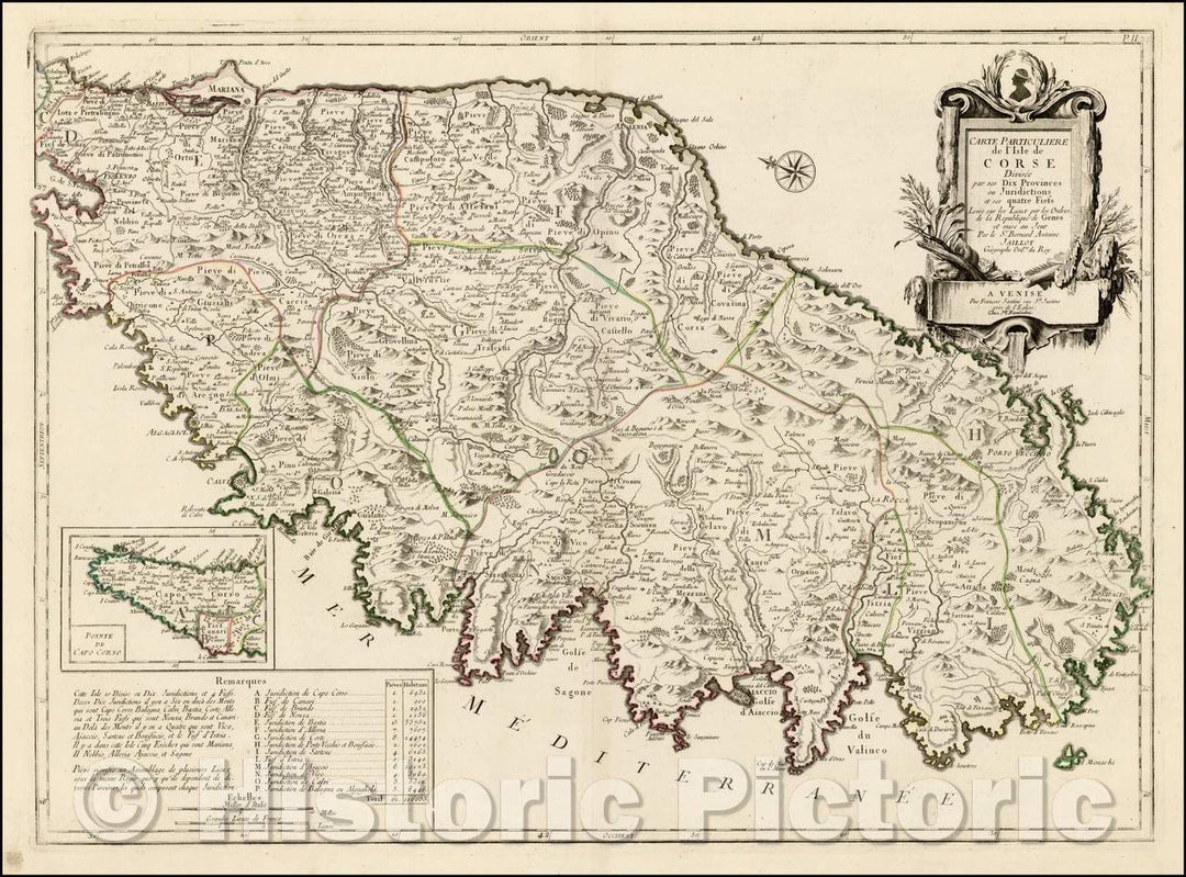 Historic Map - Carte Particuliere de L'Isle de Corse Divisee par ses Dix Provinces ou Juridictions/Format Map of Corsica, oriented with east at the top, 1780 - Vintage Wall Art