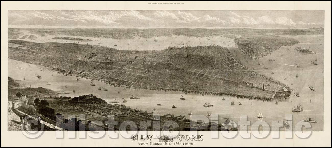 Historic Map - New York From Bergen Hill : Hoboken, 1876, Illustrated London News - Vintage Wall Art