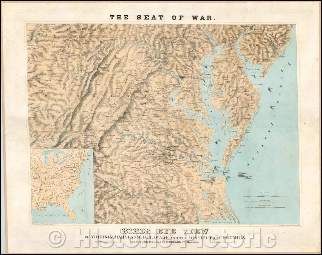 Historic Map - Birds Eye View Of Virginia, Maryland, Delaware And the District of Columbia, 1861, J. Schedler v1