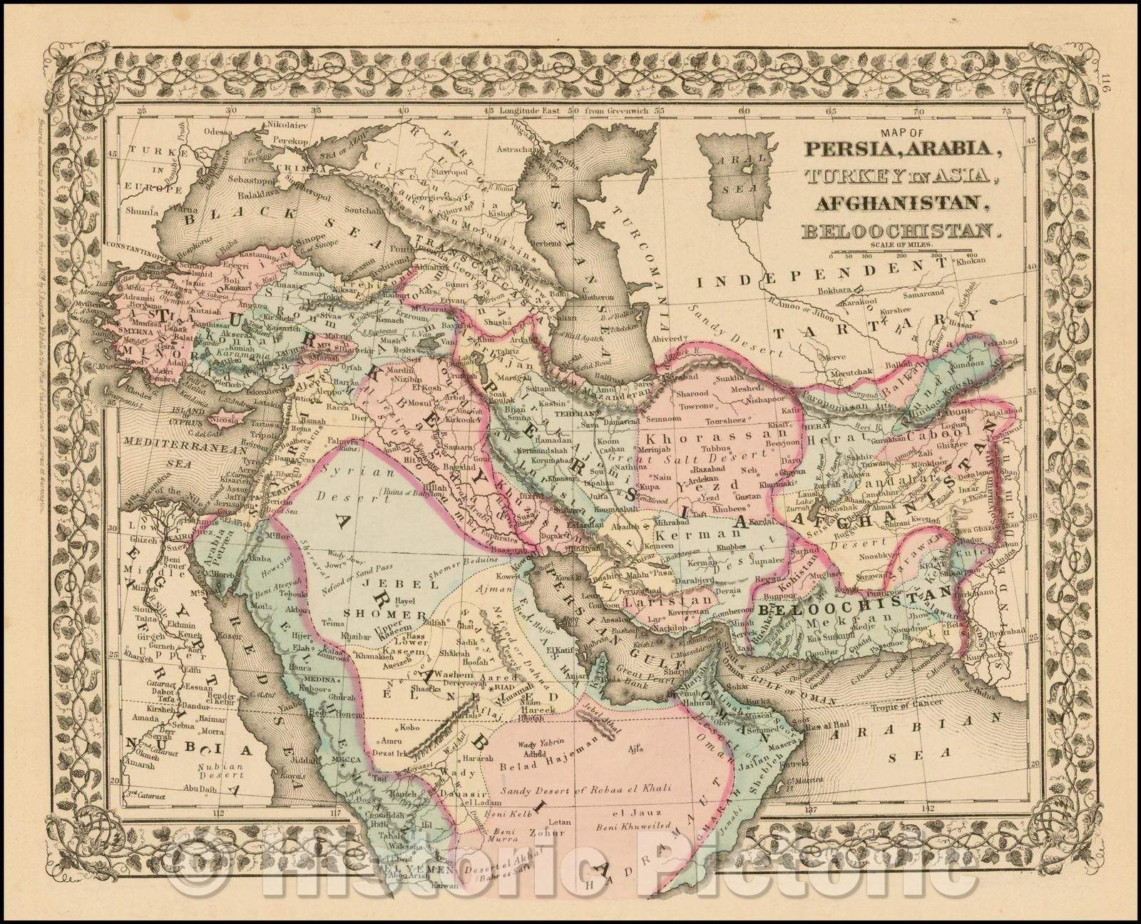 Historic Map - Map of Persia, Arabia, Turkey in Asia, Afghanistan, Beloochistan, 1870, Samuel Augustus Mitchell Jr. v2