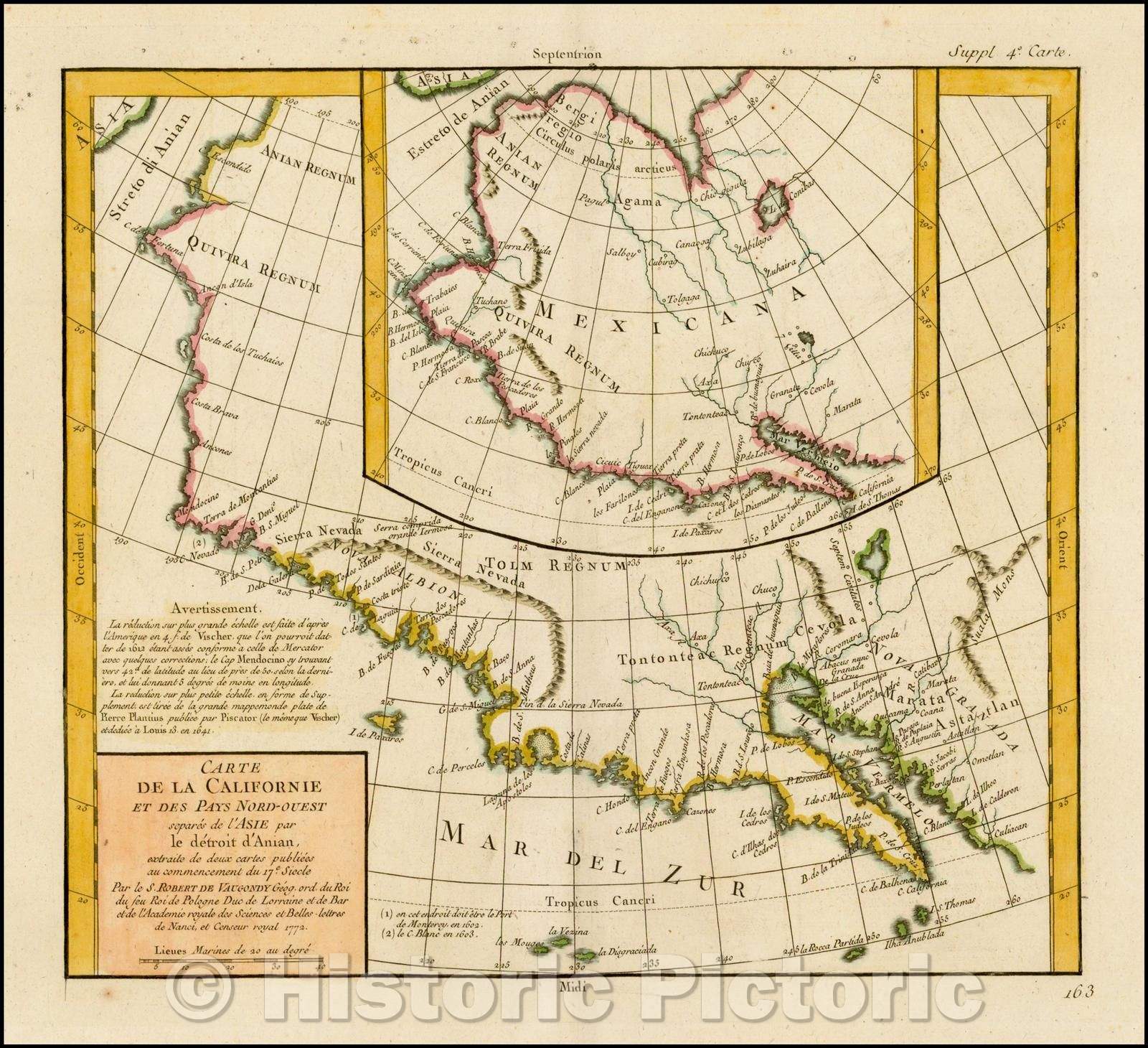 Historic Map - Carte De La Californie Et Des Pays Nord Ouest separes de L'Asie par le Detroit d'Anian, 1772, Denis Diderot v3