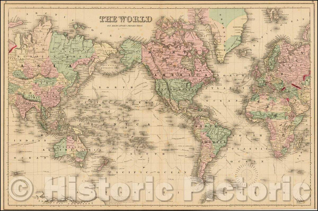 Historic Map - Map of the World on Mercator's Projection, 1873, OW Gray - Vintage Wall Art