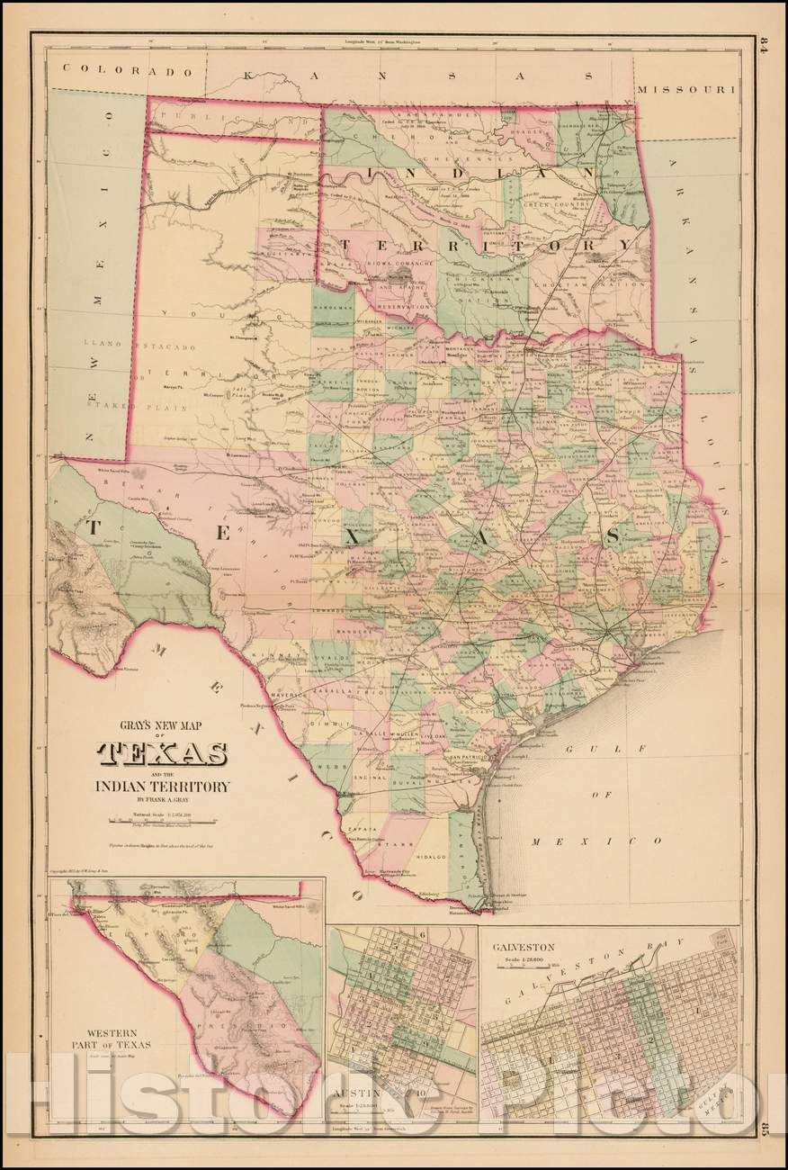 Historic Map - Gray's New Map of Texas and The Indian Territory, 1873, O.W. Gray - Vintage Wall Art