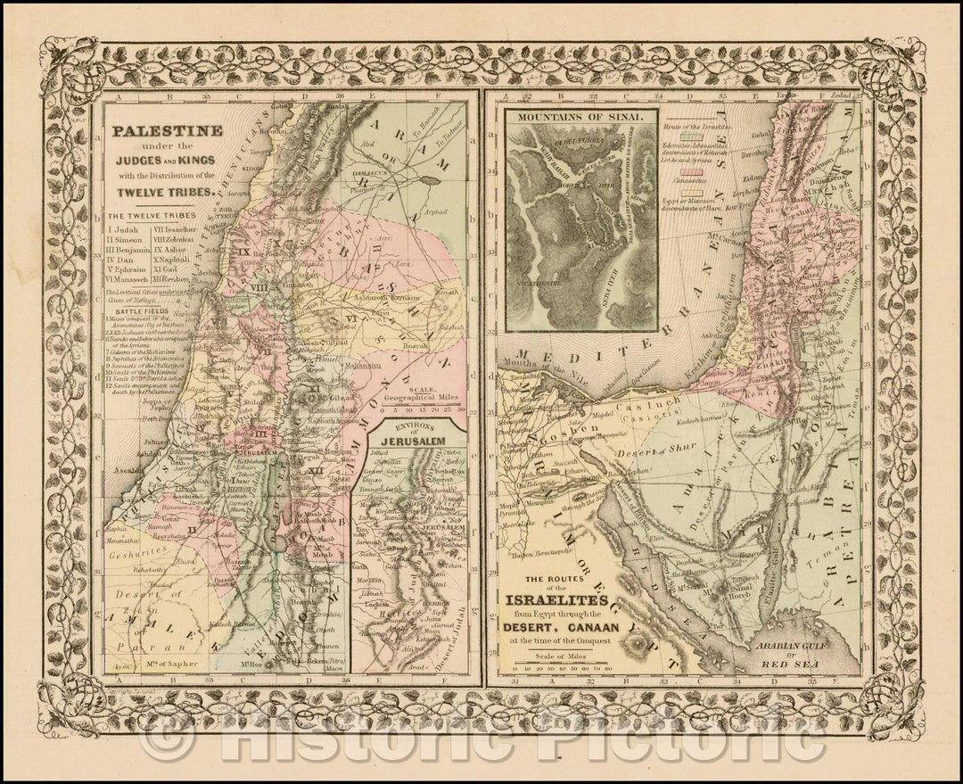 Historic Map - Palestine under the Judges and Kings with the Distributions of the Twelve Tribe (and) The Routes of the Israelites from Egypt, 1867 - Vintage Wall Art