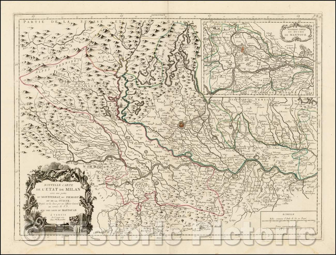 Historic Map - Nouvelle Carte de L'Etat de Milan avec une partie du Monterferrat :: Regional of the State of Milan and environs, Venice by Francois Santini, 1780 - Vintage Wall Art