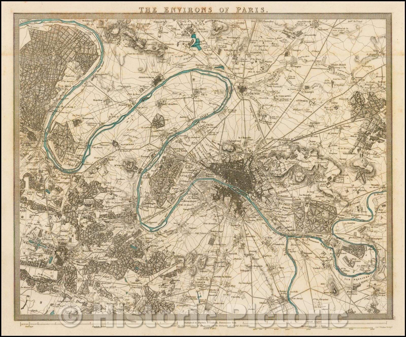 Historic Map - The Environs of Paris, 1832, SDUK - Vintage Wall Art