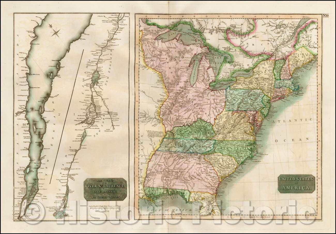 Historic Map - United States of America [with] The Course of the River St. Laurence from Lake Ontarion to Manicouagan Point, 1814, John Thomson v1