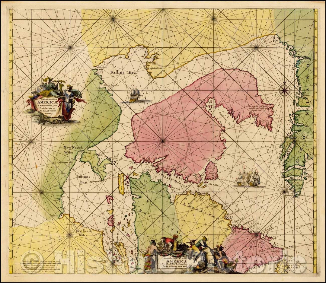 Historic Map - Septentrionaliora Americae a Groenlandia, per Freta D :: De Wit's of Hudson Bay, Baffin Bay, Button Bay, Davis Straits, Canada and Greenland, 1675 - Vintage Wall Art