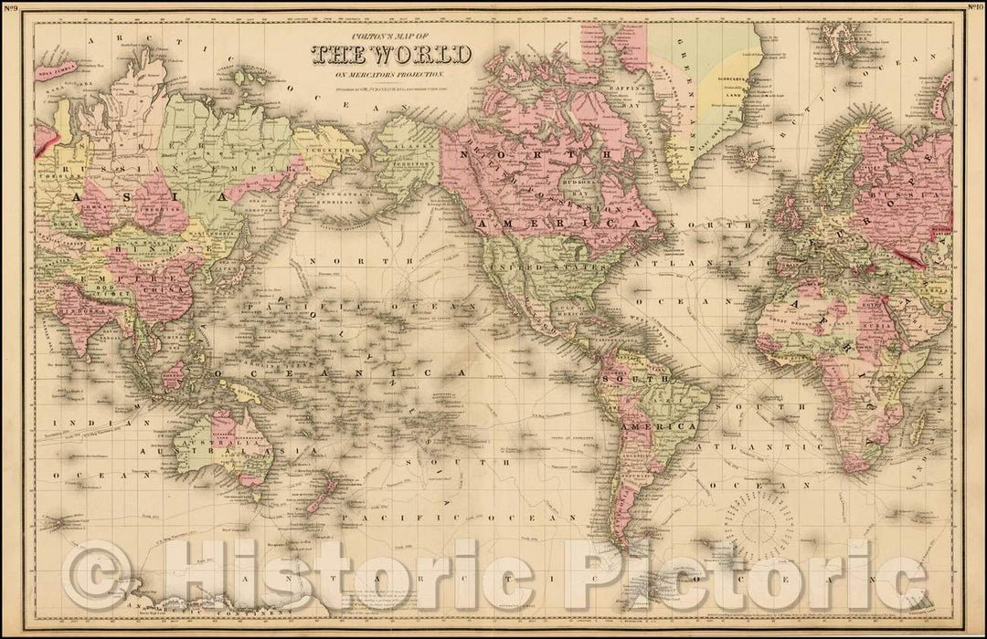 Historic Map - Colton's Map of the World on Mercator's Projection, 1865, G.W. & C.B. Colton - Vintage Wall Art