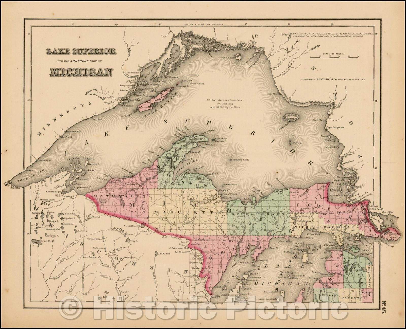 Historic Map - Lake Superior and the Northern Part of Michigan, 1857, Joseph Hutchins Colton - Vintage Wall Art