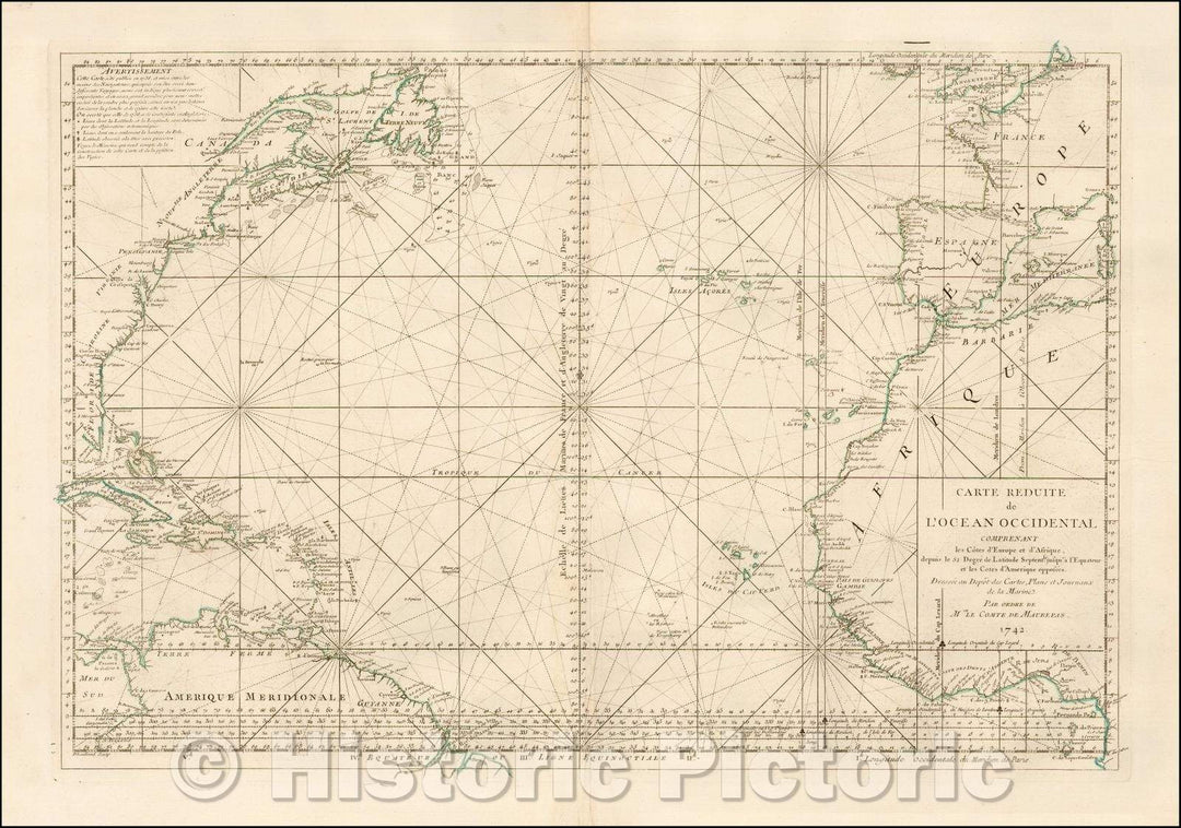 Historic Map - Carte Reduite de L'Ocean Occidental Comprenant les Cotess d'Europe et d'Af :: Reduite of Ocean West, 1742 - Vintage Wall Art