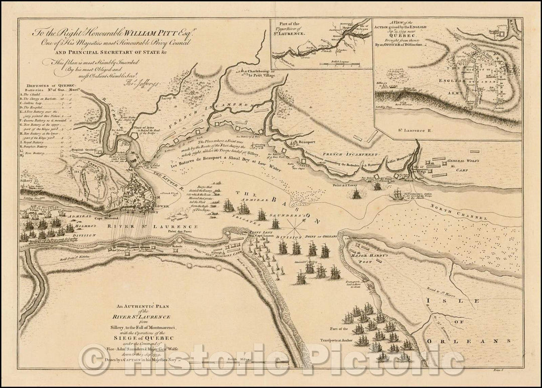 Historic Map - Plan of the River St. Laurence from Sillery, to the Falls of Montmorenci, wit hthe Operations of the Siege of Quebec, 1759, Thomas Jefferys - Vintage Wall Art