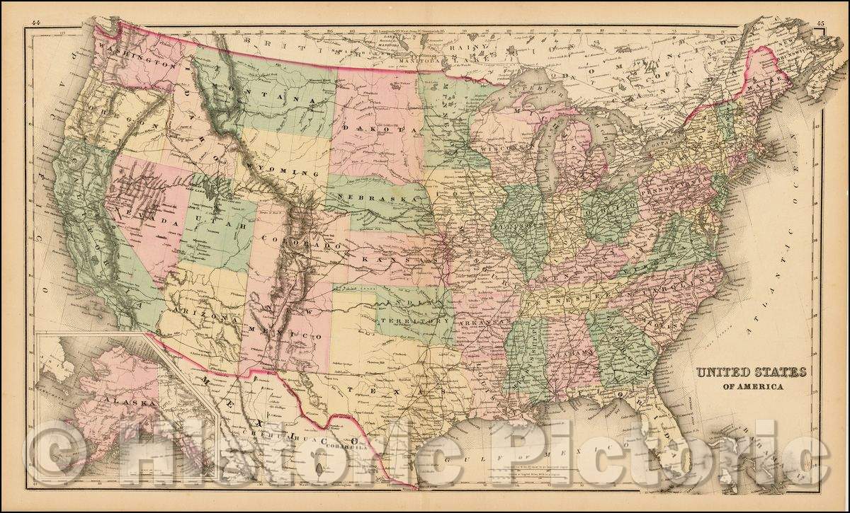 Historic Map - United States of America [Alaska inset], 1873, O.W. Gray - Vintage Wall Art