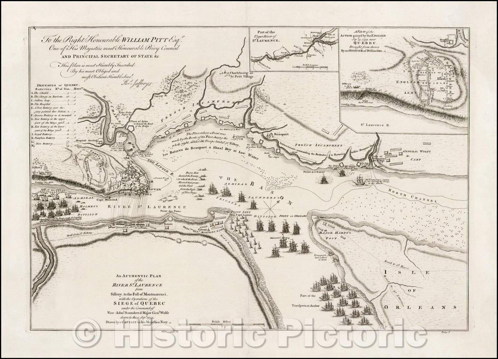 Historic Map - An Authentic Plan of the River St. Laurence from Sillery, to the Falls of Montmorenci, wit hthe Operations of the Siege of Quebec, 1759 - Vintage Wall Art