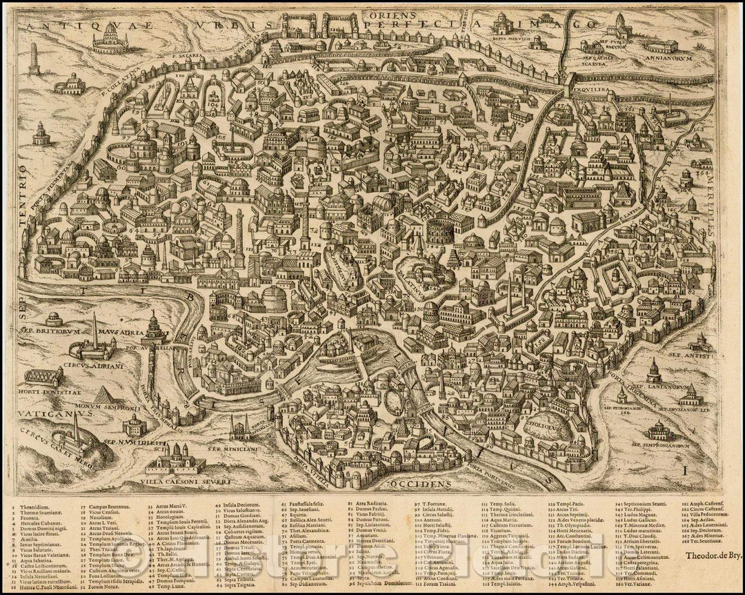 Historic Map - Antiquae Urbis Perfecta Imago / 16th Century Plan of Rome, engraved by Theodore De Bry in Frankfurt, 1597, Theodor De Bry - Vintage Wall Art