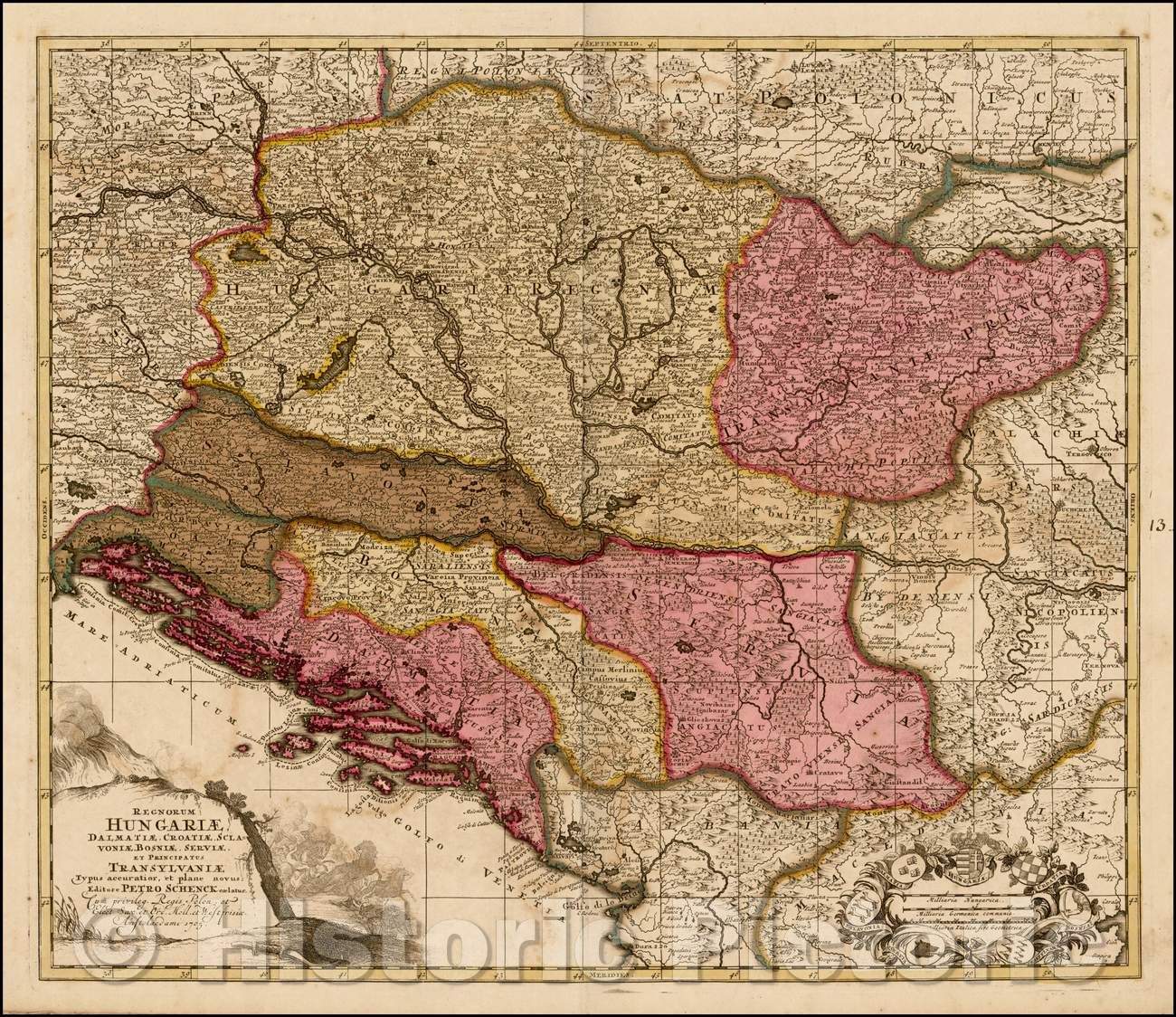 Historic Map - Regnorum Hungariae, Dalmatiae, Croatiae, Serviae et Principatus Transylvan, 1705 - Vintage Wall Art