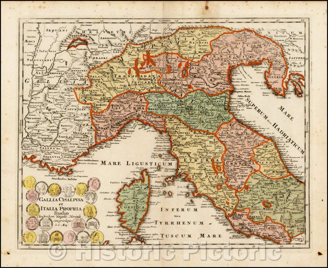 Historic Map - Gallia Cisalpina et Italia Propria Studio/Map of North Italy and Corsica during ancient times, 1718, Christopher Weigel - Vintage Wall Art