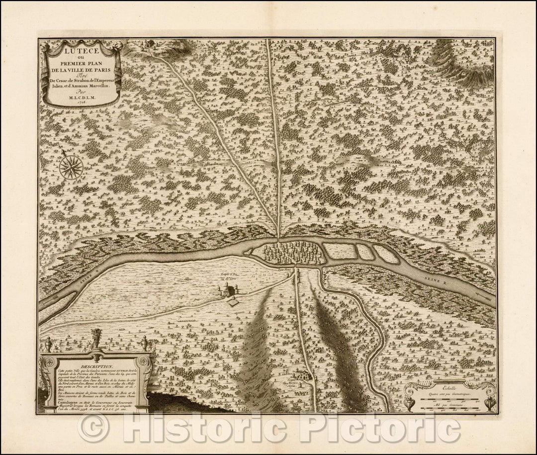 Historic Map - [Paris in the time of the Romans] Lutece ou Premier Plan De La Ville/Nicolas Delamare's Map of Ancient Roman Paris, 1728, Nicolas Delamare - Vintage Wall Art