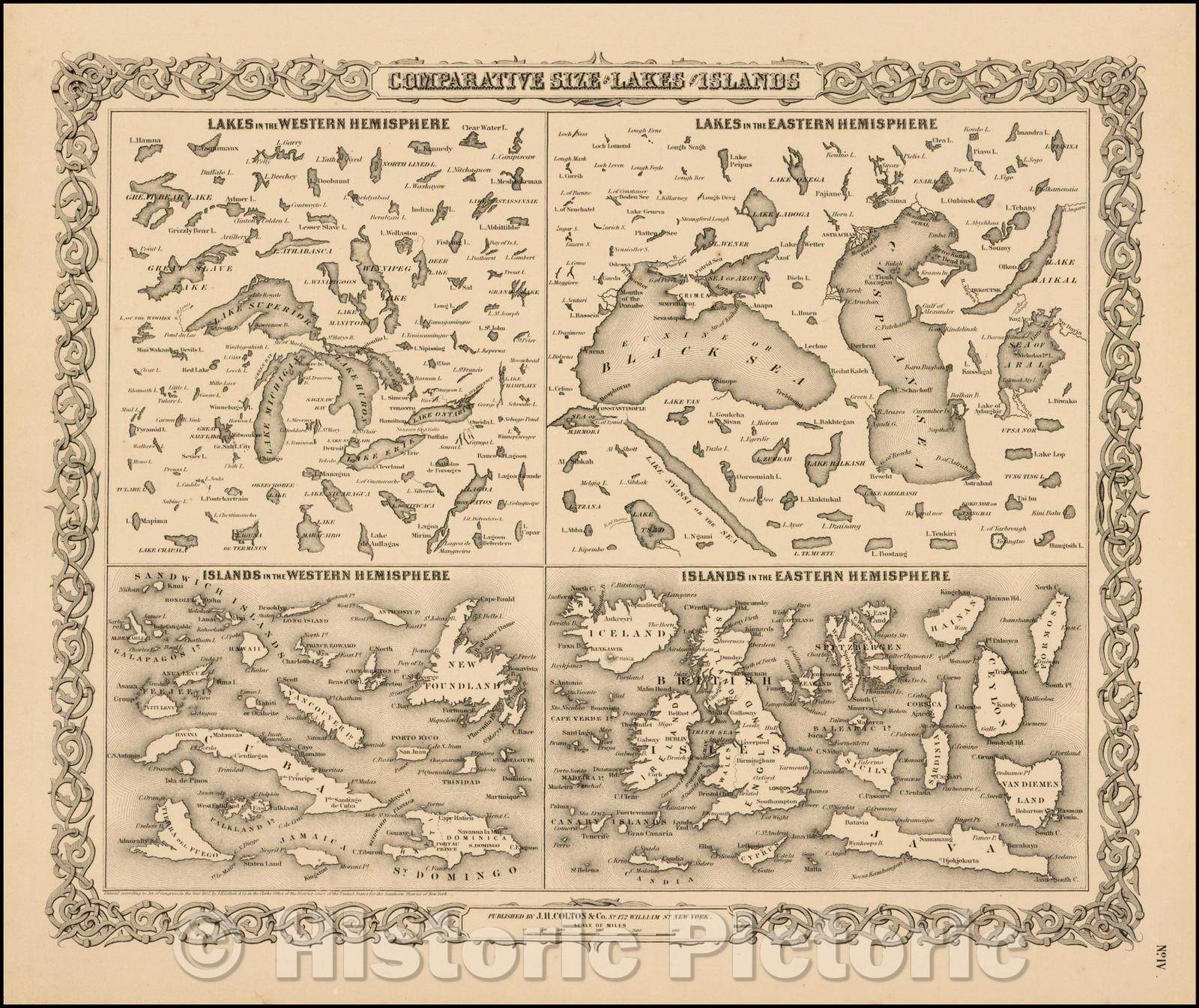 Historic Map - Comparative Size of Lakes and Islands [Great Lakes, Cuba, Formosa, Ireland, Sicily, Cyprus, Vancouver, Sandwich Islands, Puerto Rico, Corsica, 1855 v4