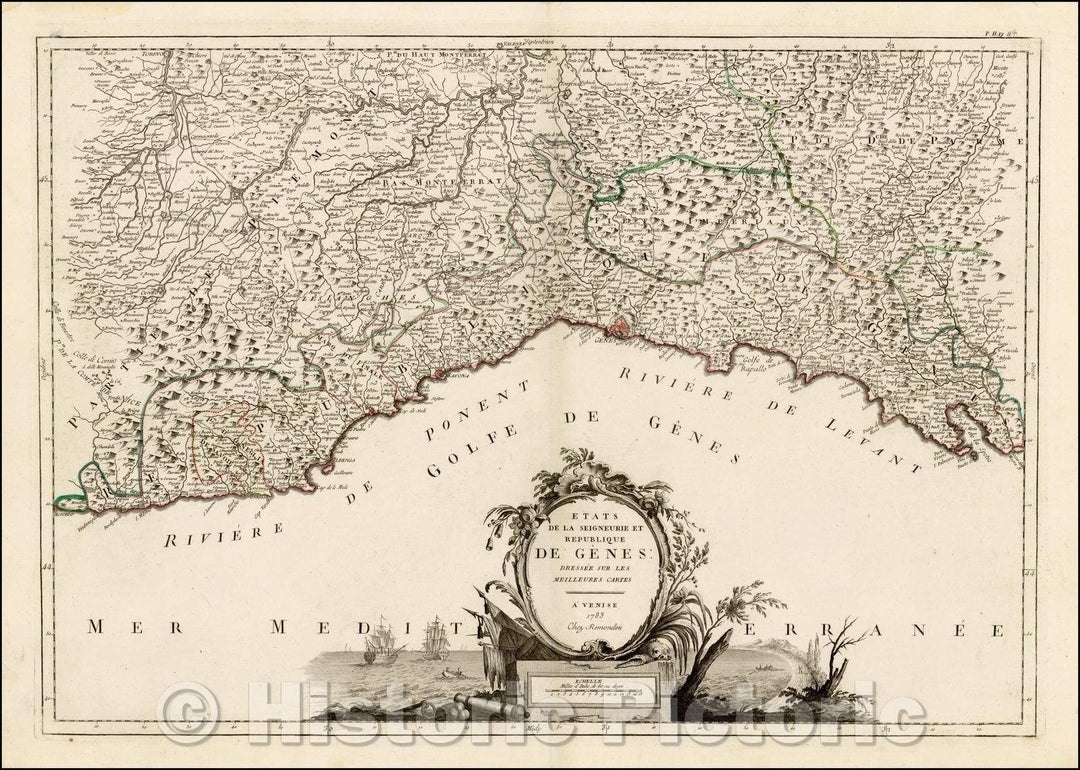 Historic Map - Etats De La Seigneurie et Republique De Genes/Map of the Republic of Genoa, published by Santini in Venice, 1783, - Vintage Wall Art