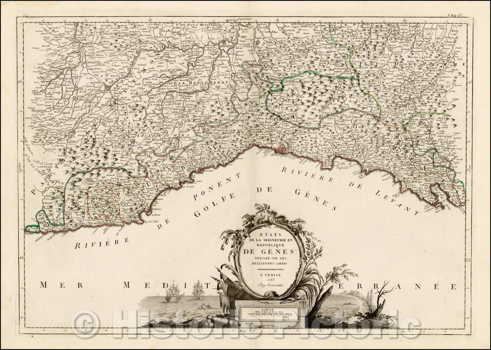 Historic Map - Etats De La Seigneurie et Republique De Genes/Map of the Republic of Genoa, published by Santini in Venice, 1783, - Vintage Wall Art