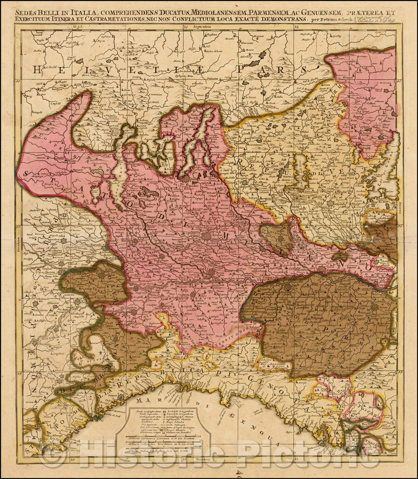 Historic Map - Sedes Belli in Italia, Comprehendens Ducatus Mediolanensem, Marmensem, ac Genuensuem; :: Northern Italy and contiguous parts of Switzerland, 1704 - Vintage Wall Art