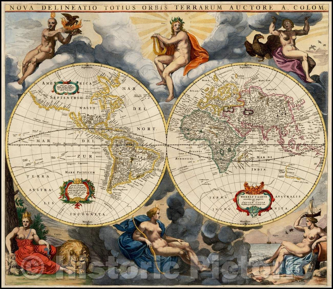 Historic Map - Nova Delineatio Totius Orbis Terrarum Auctore A. Colom/Arnold Colom's Double hemisphere Map of the World, 1655, Arnold Colom - Vintage Wall Art