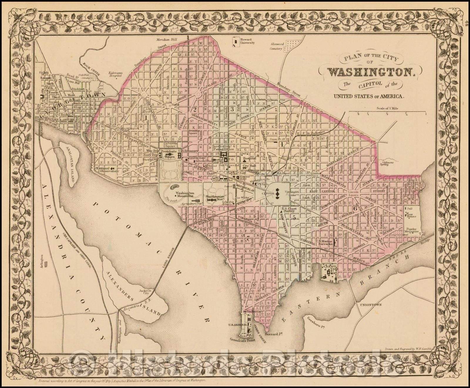 Historic Map - Plan of the City of Washington. The Capitol of the United States of America, 1879, Samuel Augustus Mitchell Jr. - Vintage Wall Art