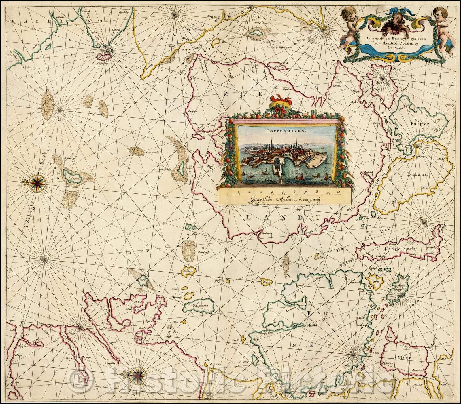 Historic Map - De Sondt en Belt uyt gegeven door Arnold Colom/Sea Chart of the Eastern Part of Denmark and Swedish coastline opposite Copenhagen, 1655 - Vintage Wall Art