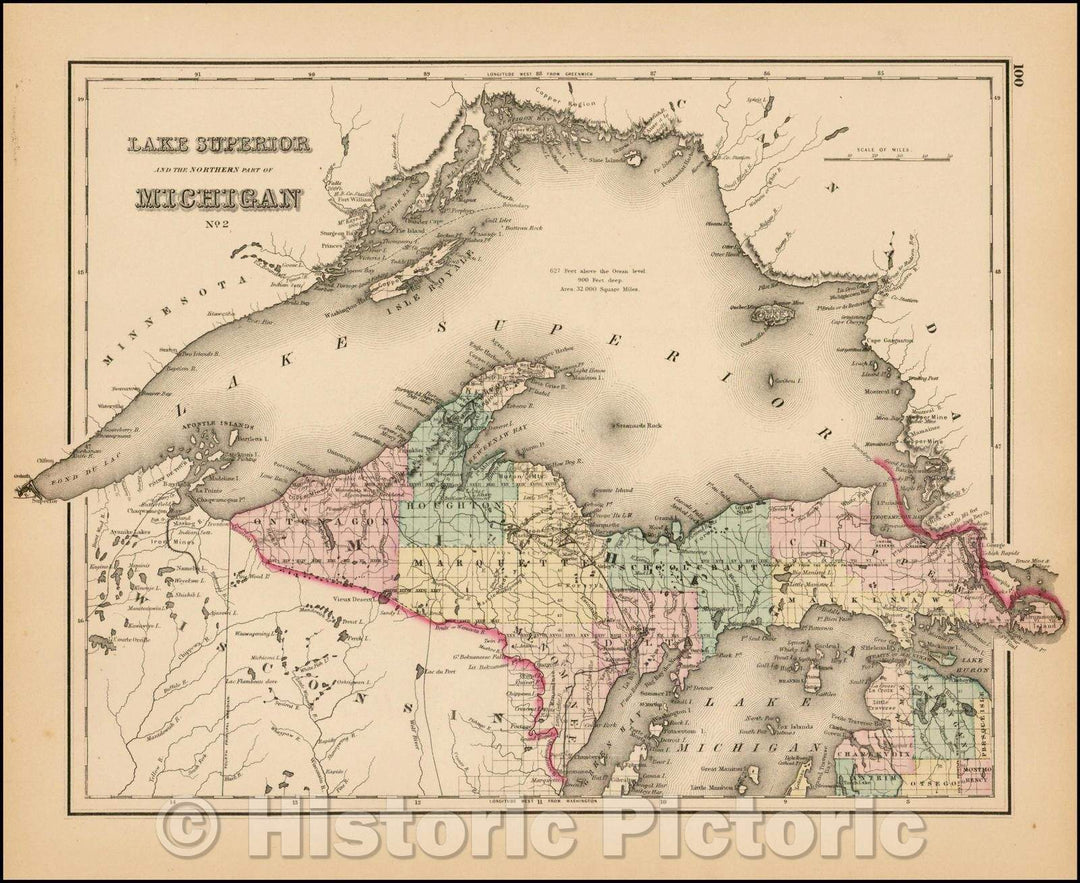 Historic Map - Lake Superior and the Northern Part of Michigan, 1873, O.W. Gray - Vintage Wall Art