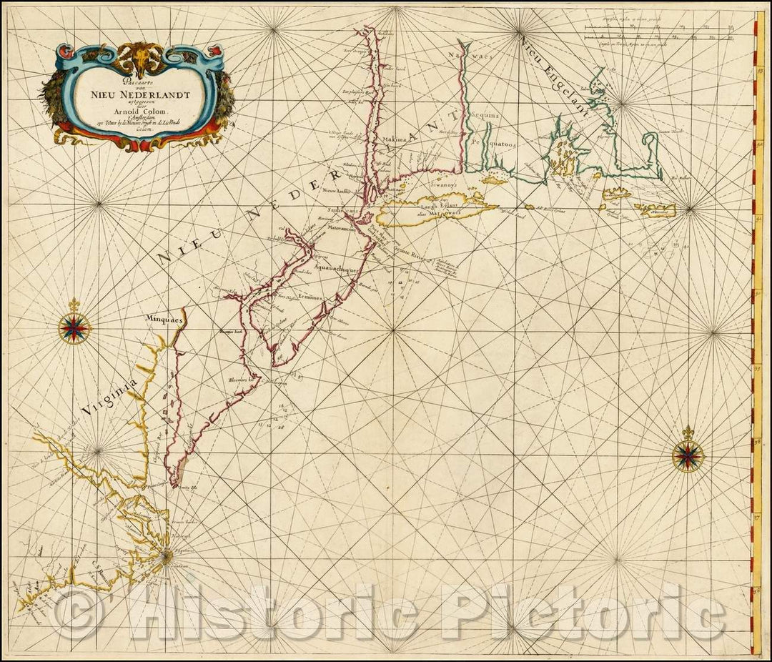 Historic Map - Pascaarte van Nieu Nederlandt uytgegeven door Arnold/Arnold Colom's Sea Chart of New Netherlands, the Chesapeake, Virginia, etc, 1656 - Vintage Wall Art