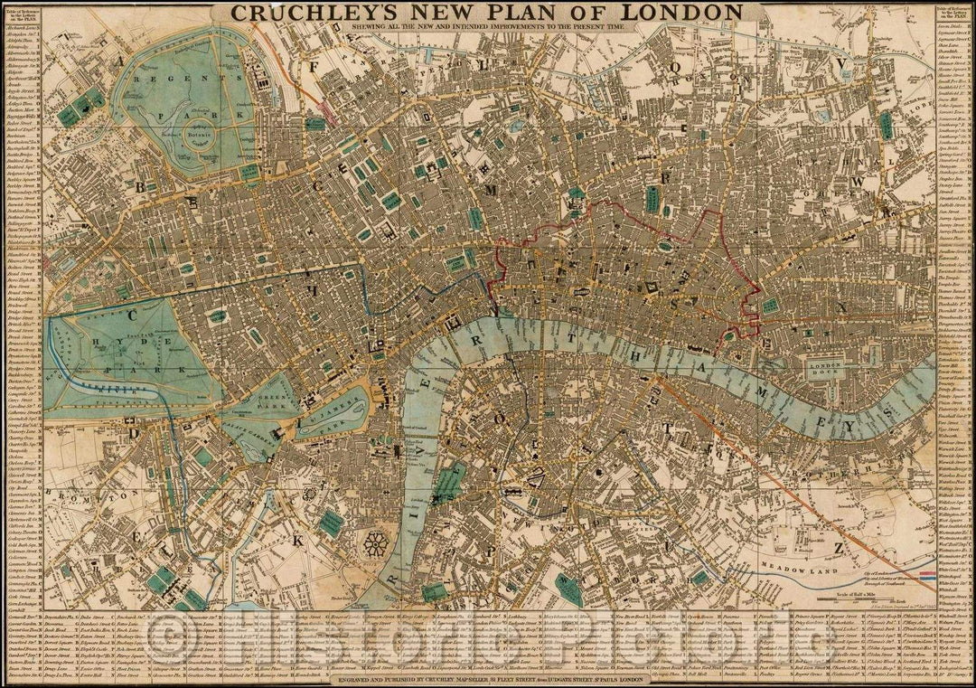 Historic Map - Cruchley's New Plan of London Shewing All the New and Intended Improvements to the Present Time, 1840, G.F. Cruchley - Vintage Wall Art