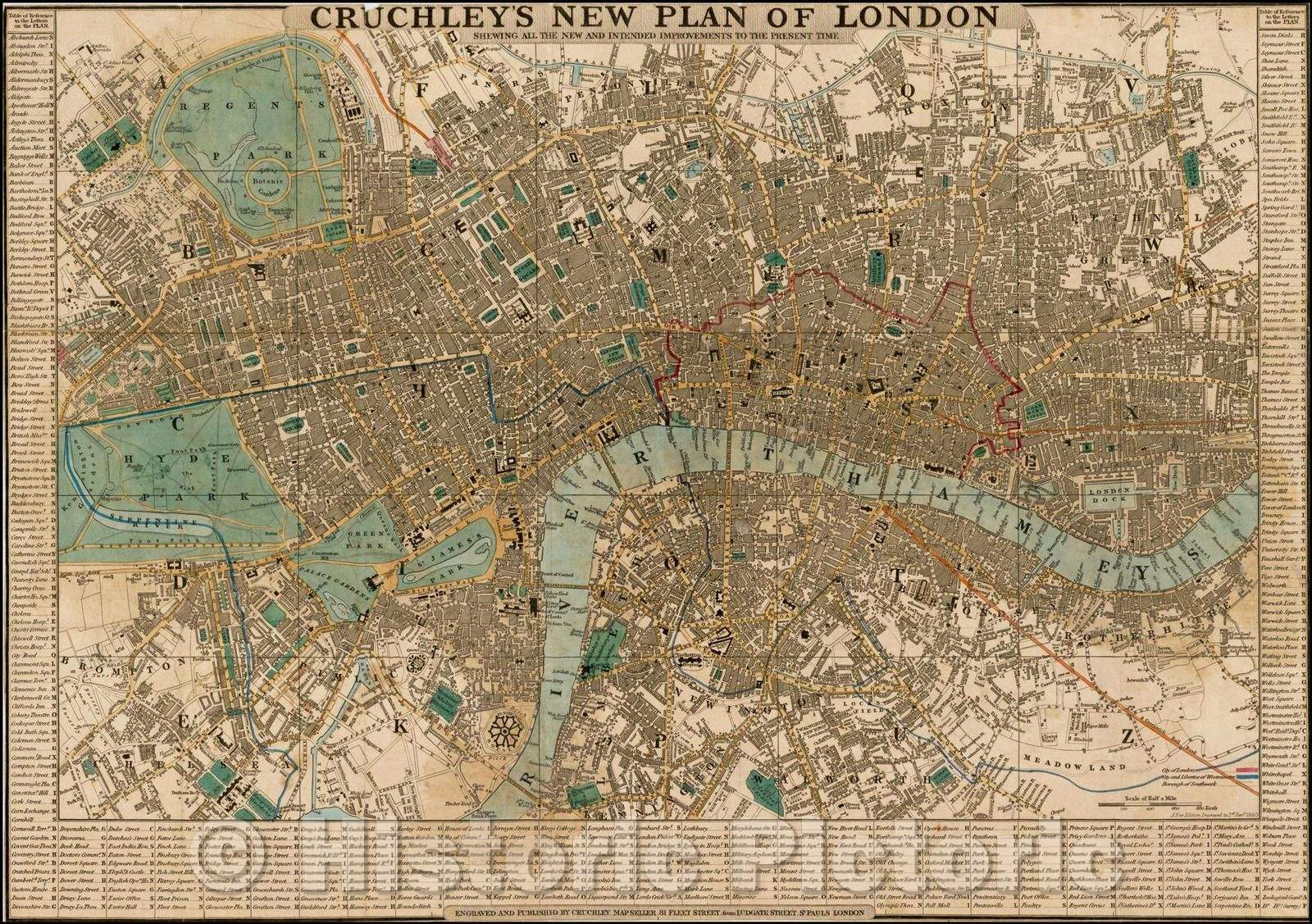 Historic Map - Cruchley's New Plan of London Shewing All the New and Intended Improvements to the Present Time, 1840, G.F. Cruchley - Vintage Wall Art