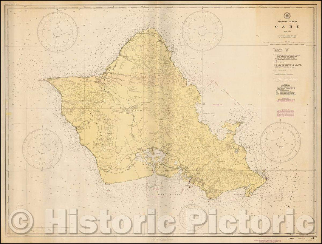 Historic Map - Hawaiian Islands Oahu, 1944, United States GPO - Vintage Wall Art