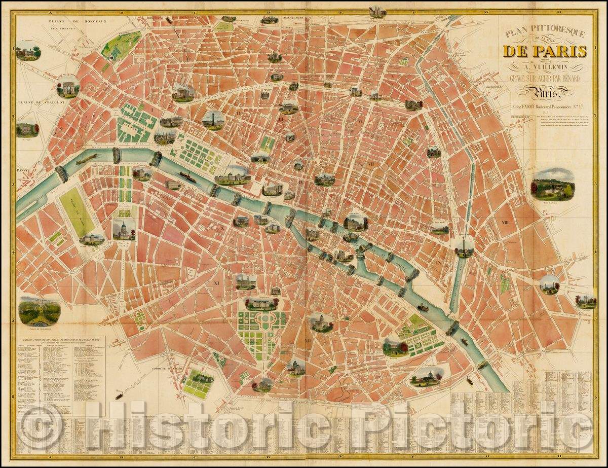 Historic Map - Plan Pittoresque De La Ville De Paris/Map of Paris, 1843, Alexandre Vuillemin - Vintage Wall Art