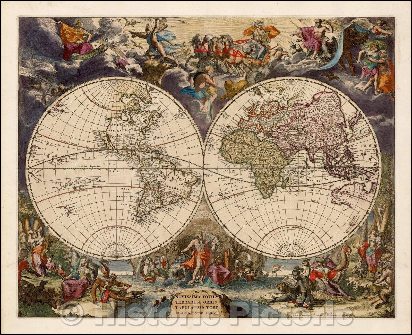 Historic Map - Novissima Totius Terrarum Orbis Tabula Auctore Ioanned De Ram/By the end of the World Map of Ram Ioanned, 1683, Johannes De Ram - Vintage Wall Art