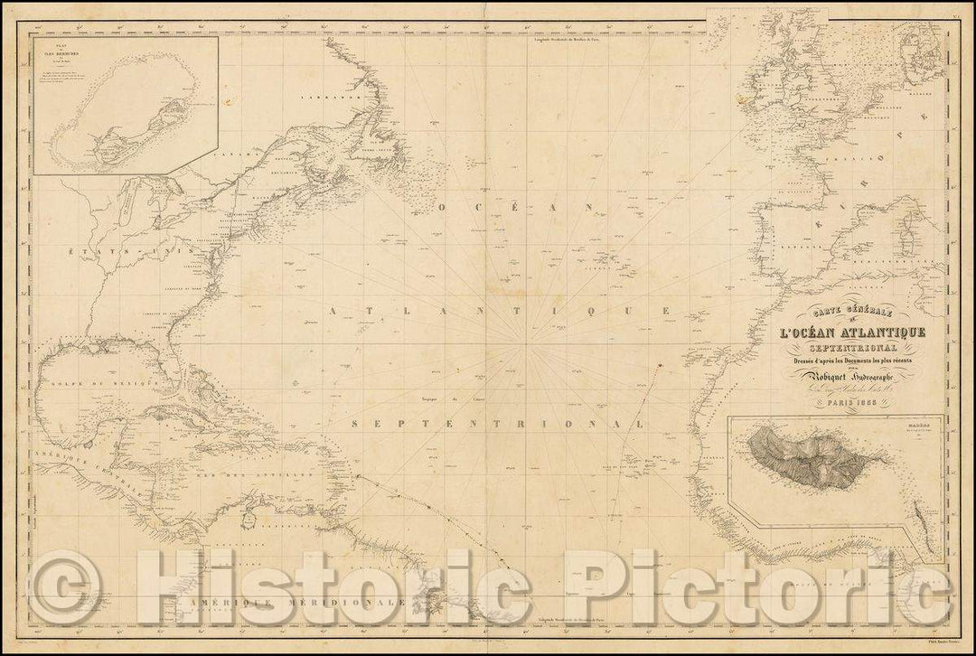 Historic Map - Carte Generale de L'Ocean Atlantique Septentrionale Dressee d'apres/Sea Chart of the North Atlantic, published in Paris by Aime Robiquet, 1855 - Vintage Wall Art