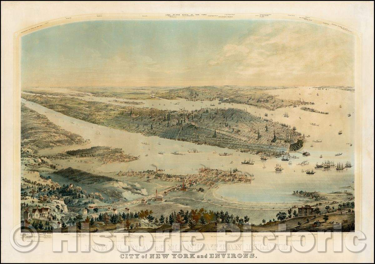 Historic Map - Panorama of Manhattan Island, City of New York and Environs, 1854, John Bornet - Vintage Wall Art