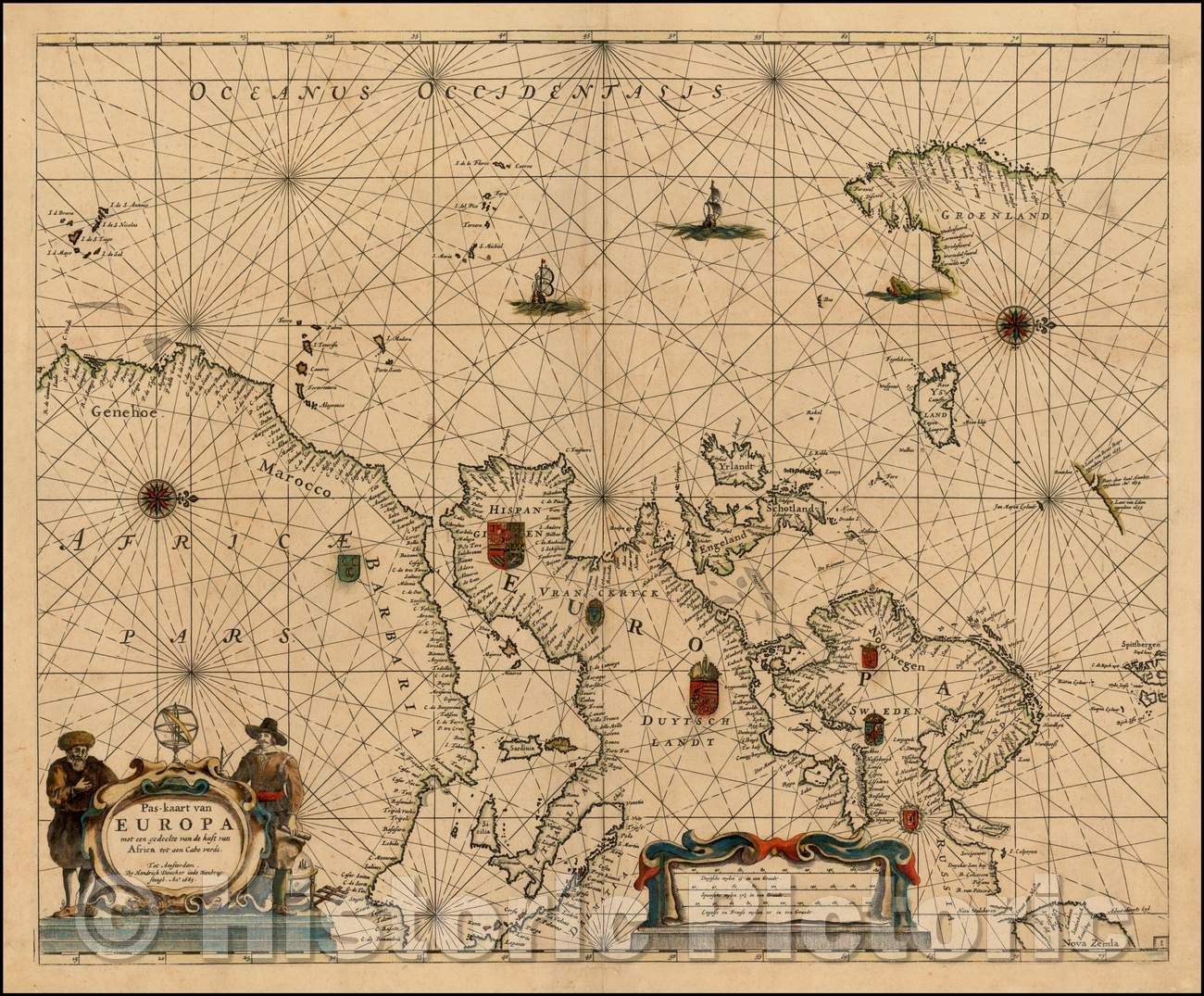 Historic Map - Pas-kaart van Europa met een gedeelte van de kust van Africa tot aen Cabo Verde :: The Eastern Atlantic, 1665 - Vintage Wall Art