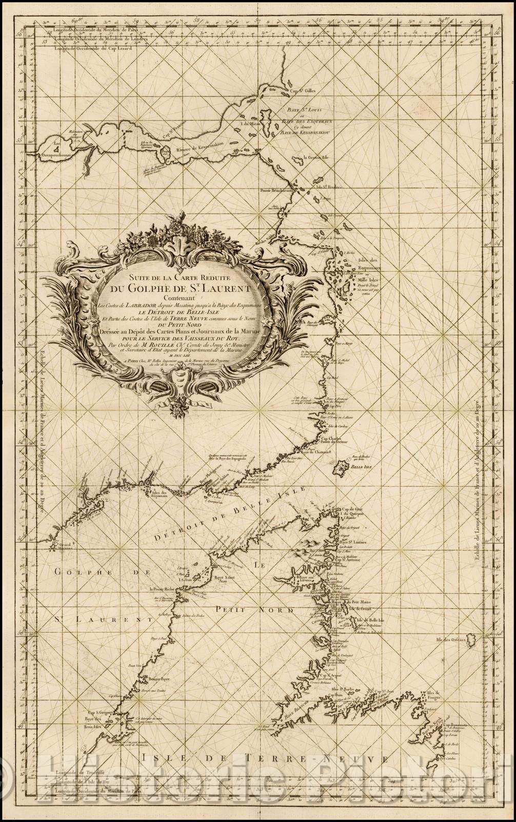 Historic Map - Suite de la Carte Reduite du Golphe de St. Laurent Contenant Les Costes de Labrador depuis Mecatina jusqu'a la Baye des Esquimaux Le Detroit, 1753 v1